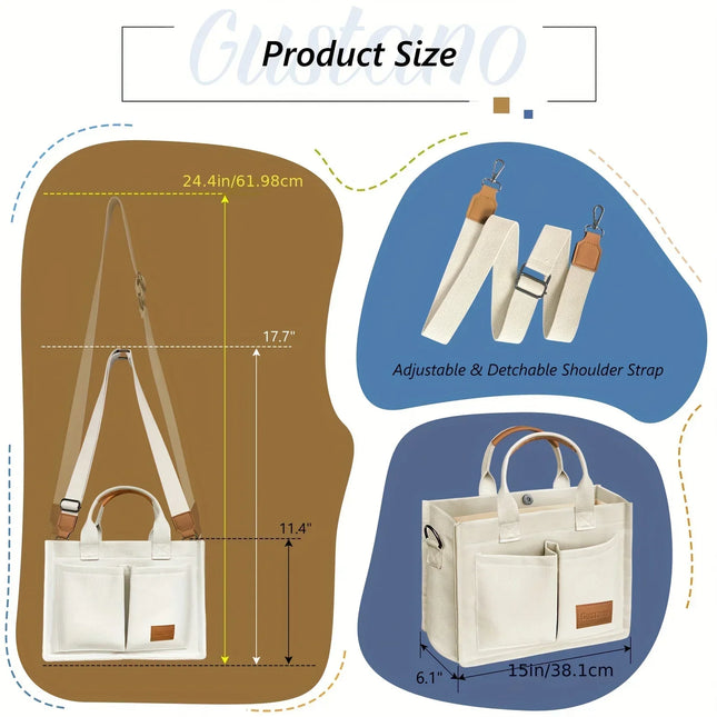 Large Capacity Women's Canvas Tote Handbag Multiple Pockets Commuting Shoulder Bag For Female Multi-functional Crossbody Bag