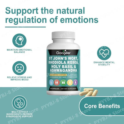 Googeer Rhodiola Rosea Capsule with St John's Wort  Ashwagandha and Holy Basil Extracts Mood Support for Women and Men 60 Caps