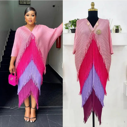 Miyake Tassel Patchwok Color Block Dress for Women Pleated Batwing Sleeve Mid-calf Dresses Fashion Female 2025 Summer
