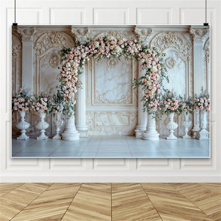 European Castle Window Wedding Backdrop Elegant Pink Rose Floral Arched Wall Photography Background for Birthday Party Decor