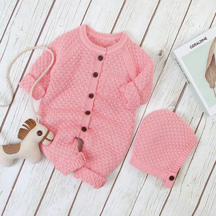 Unisex Baby Cotton Knit Romper with Hat for Fall & Winter Boys & Girls Solid Bodysuit Halloween Outward Long Sleeve Jumpsuit