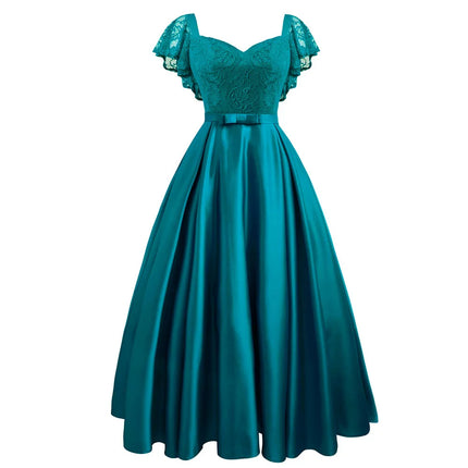 Elegant Gorgeous Pink turquoise Ruffle Sleeve Party Satin Long Dress Lace Prom Gowns Wedding Lady Autumn Evening Maxi Dresses
