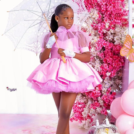 Pink Ball Gown Flower Girl Dresses Customized Tulle Tiered Ruffles Children Birthday Party Gowns High Neck Kids Wedding Dress