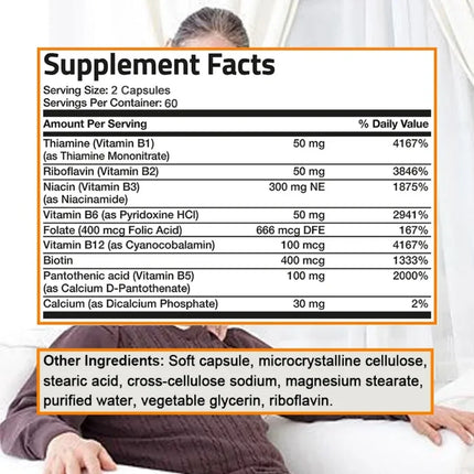 Vitamin B Complex (Folic Acid Biotin B1 B2 B3 B6 B12) - Support Cellular Energy & Mental Clarity