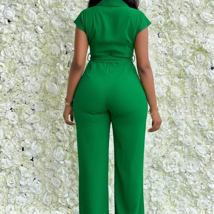 Women's Lapel Cap Sleeve Zipper Front Pocket Belted Wide Leg Jumpsuit For Daily Party Dating Casual Fashion Occasions