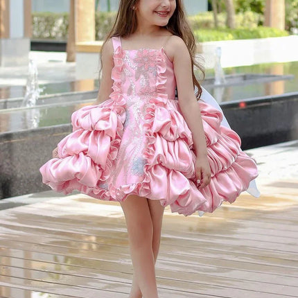 lolita princess dress for girls, summer bow, pink puffy cake dress for children, model fashion show and performance clothing