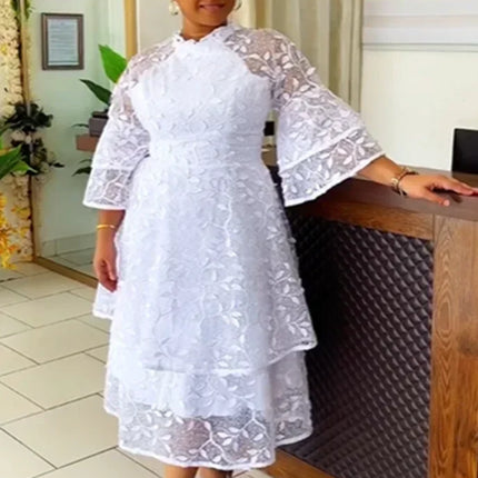 White Lace Dresses for Women Wedding Guests Elegant Turn Down Collar Puff Sleeves Pleated Hem Midi Dress Luxury Occasion Clothes