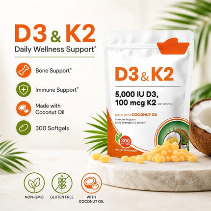 Vitamin D3 K2 Softgels with Coconut Oil, 5000 IU D3 & 100 mcg K2 MK-7, Daily Bone Wellness Support for Men & Women, 300 Count