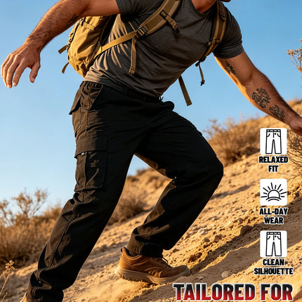 Men's Outdoor Multi-Functional Work Pants with an Elastic Waistband and Multiple Pockets—Lightweight and Breathable, Suitable for Camping, Travel, and Gear Carrying. The Loose, Straight-Leg Fit Is Suitable for Both Outdoor