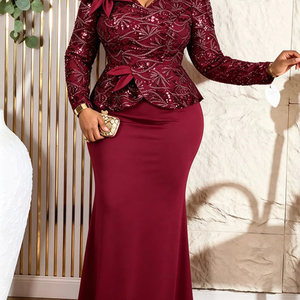 Elegant Women Sequin Dress V Neck Long Sleeves 3D Floral Design Peplum Waist Fitted Mermaid Hem Wedding Party Cocktail Events
