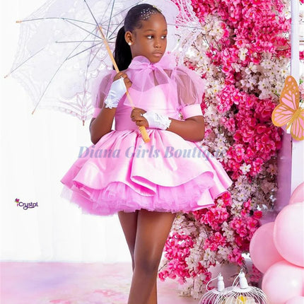 Customized Gorgeous Pink Flower Girl Dress Layered Wedding With  Decoration And Shiny Tulle Satin Tutu Birthday Evening Dress