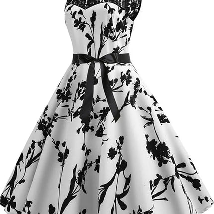Floral Print Vintage Women Summer A Line Lace Party Dresses Robe Tunic Casual Office Ladies Dress