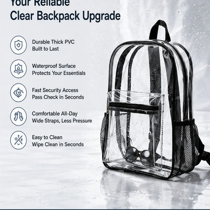Clear Backpack Heavy Duty Transparent PVC Bookbag Stadium Approved Security Fast Checks For School College Work Music Festival