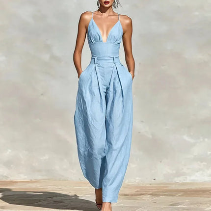 Elegant Sexy V-Neck Spaghetti Strap Jumpsuit Women High Waist Wide Leg Casual Romper Spring Boho Solid Backless Pockets Overalls