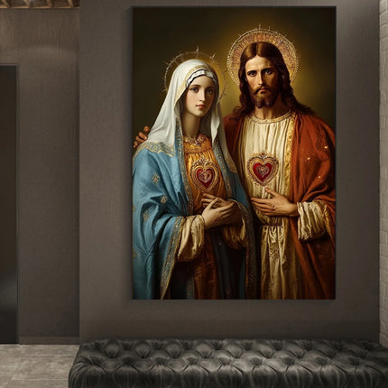 Christian Religious Jesus And Virgin Mary Sacred Heart Canvas Painting Catholic Holy Child Jesus Art Poster Christian Home Decor