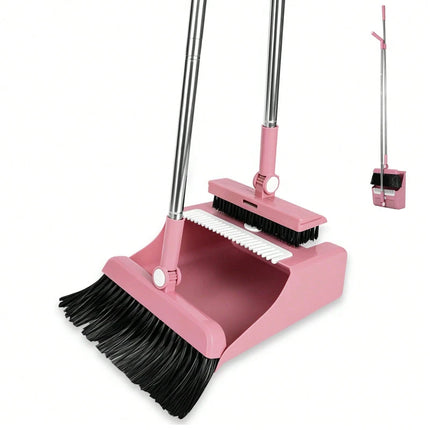 Pink 3 in 1 Broom Dustpan Set Foldable with Comb Adjustable Handle for Pet Hair Floor Cleaning
