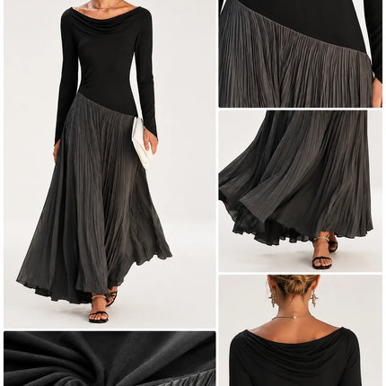 Women Draped Cowl Neck Long Sleeve Maxi Dress Asymmetrical Spliced Pleated Flowy Long Dress Elegant Cocktail Wedding Guest Formal Party Evening Dresses