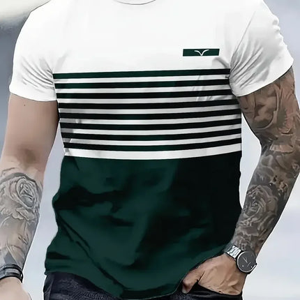 Summer classic men's T-shirt: Outdoor round-neck short-sleeved top with striped print, loose street men's T-shirt with additiona