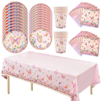 Butterfly Disposable Tableware Set Paper Plate Cup Napkins Pink Butterfly Birthday Party Decoration Baby Shower Wedding Supplies
