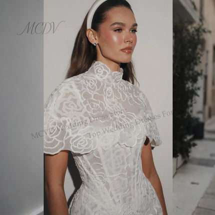 2026 Civil Lace Mini Wedding Dress High Neck Cape Short Sleeve A Line Reception Bridal Short Gown Vestido De Novia Customized