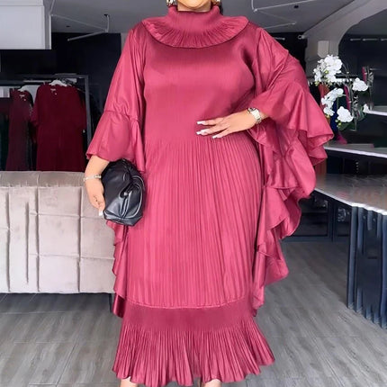 ANLAN 2024 Spring New Pleated Dress Fashion Lapel Ruffle Sleeves Solid Color Loose Dresses Elegant women's clothing 7AK30392