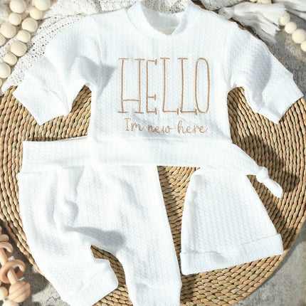 Newborn Baby 3Pcs Outfit Set ‘Hello World" Embroidery Waffle Knit Long Sleeve Top Pants Hat Infant Coming Home Clothes 0-3M
