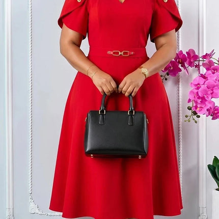 Mlaiscsr A-Line Midi Dress for Women V Neck Puff Sleeve Elegant Work Dress with Belt Formal Flowy Office Church Special Occasion