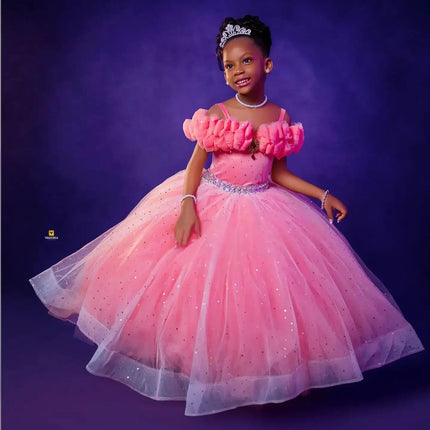 Custom Off Shoulder Ruffle Flower Girl Dress Sparkly Tulle Wedding Pageant Gown For Kids Girls Birthday Party Formal Special
