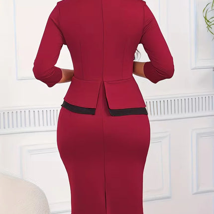 Elegant Women 3/4 Sleeve Round Neck Black Bow Knee Length Cocktail Party Pencil Bodycon Sheath Dress
