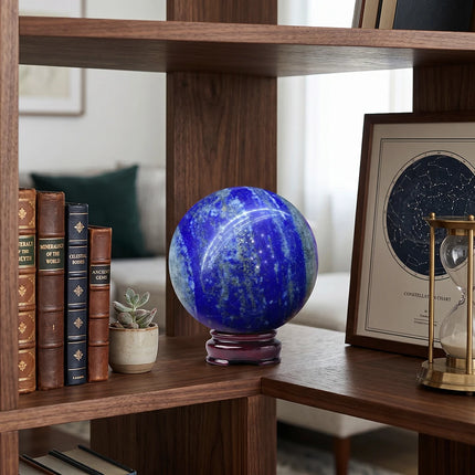 Natural Lapis Lazuli Crystal Sphere Ball 5-6cm with Wood Base Large Orb Royal Blue Gold Pyrite Handmade Polished Tutankhamun Egyptian Wooden Stand Display Home Decor Desk Ornament Office Decor Room Decor Bedroom Decor Table C