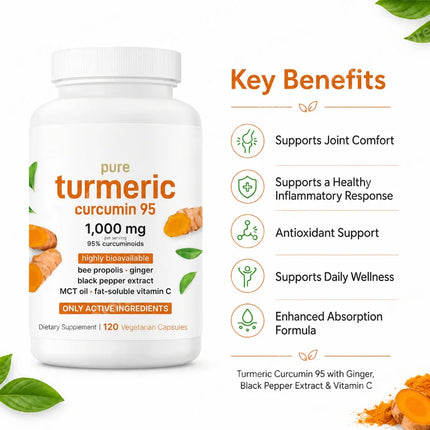 Turmeric Curcumin 95 Capsules 1000mg with Ginger Black Pepper Extract Vitamin C Joint Comfort Antioxidant Support 120 Count