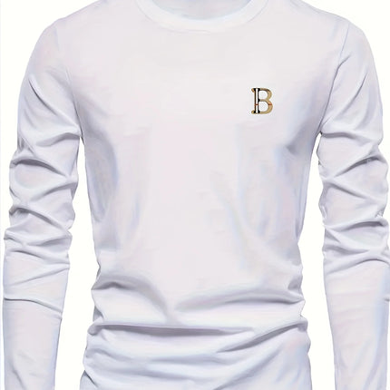 Men's 100% pure cotton loose and fashionable letter pattern printed sports and leisure round neck long sleeved T-shirt