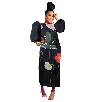 Elegant Women Pleated Half Lantern Sleeve O-neck Slim Maxi Long Dress Print Fashion Autumn 2026 Ruched Dresses Vestidos