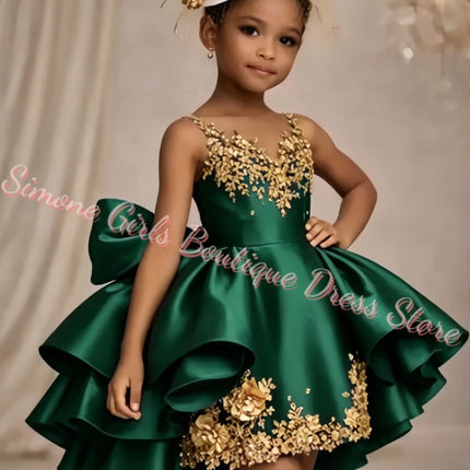 Customized Applique Flower Girl Dress For Wedding Satin Puffy Ruffles Baby Kids Birthday Party First Communion Ball Gown