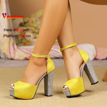 Women 12.5CM Suede Yellow Sandals With High Heels Summer Platform Woman Shoes Europe and America Versatile Sexy Peep Toe Sandals