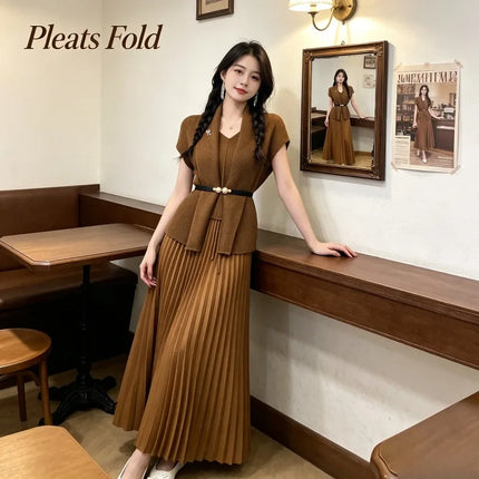 Miyake Pleated 2026 New Summer Pleated Dress Waist-Cinching Loose Pleated Skirt with Metal Decoration Plus Size Women's Clothing