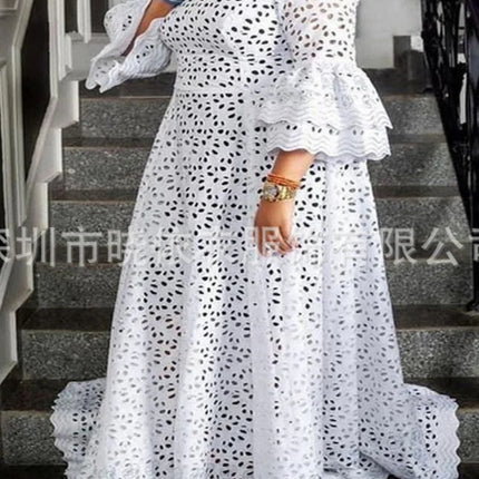 White Dress Women Flare Sleeve O Neck Party Long Maxi Dresses Lace High Waist Vestidos Wedding Night Loose Elegant Spring 2025