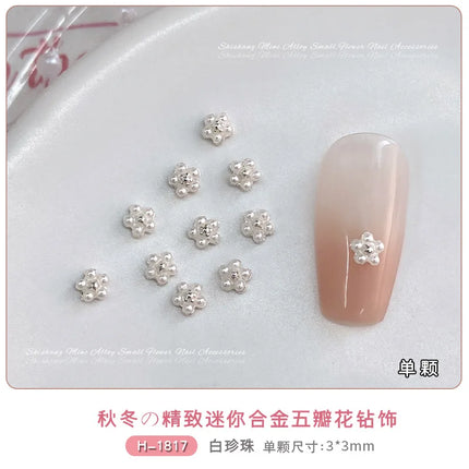 10PCS 3mm 4mm Mini 3D Nail Art Rhinestone Pearls Five-petaled Flowers Accessories For Manicure Decor Nails Decoration Supplies