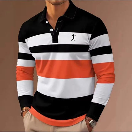 Men's striped rugby polo long-sleeved collar shirt casual school outdoor sports casual 3d printing spring, autumn and winter