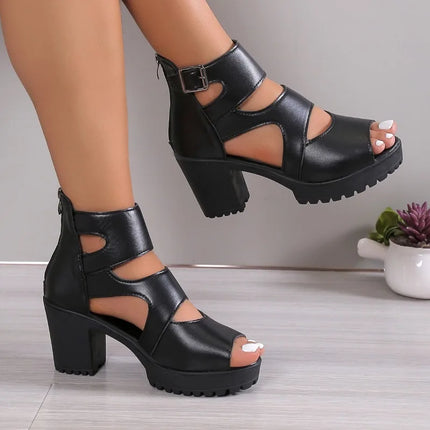 High Heel Sandals Female Sexy Black Square Buckle Chunky Heel Platform Shoes Summer Back Zipper Women Sandals Sandalias De Mujer
