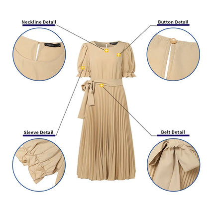 2026 ZANZEA Elegant Pleated Dress Women Summer Sundress Short Puff Sleeve Midi Dresses Solid A Line Work Vestidos Holiday Robe