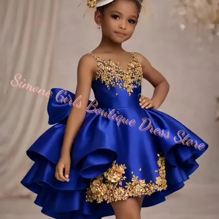 Customized Applique Flower Girl Dress For Wedding Satin Puffy Ruffles Baby Kids Birthday Party First Communion Ball Gown