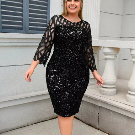 Party Dress Plus Size Ladies Midi Sequin Mesh Long Sleeve Lace Elegant Bodycon L-4XL 5XL Evening Dresses Woman Summer