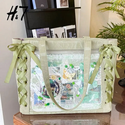 New Versatile Fashion Ribbon Itabag Large Capacity Green Large Food Anime Millet Bag Daily One Shoulder Tote Bag