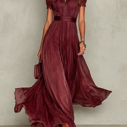 Vintage Solid Lace A-Line Long Dress Women's O Neck High Waist Pleated Party Dress Summer Short Sleeve Flowy Maxi Dresses