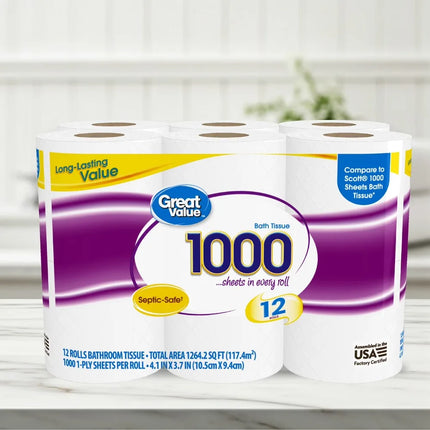 ICUTE-Great Value Toilet Paper, 1000 Sheets per Roll, 12 Rolls