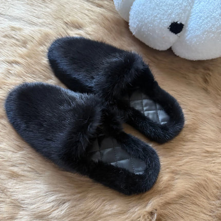 Real Mink Fur Home Slippers For Women Leather Insole Flat Plush Warm Shoes Woman Winter Comfort Non Slip Outdoor Indoor Slippers