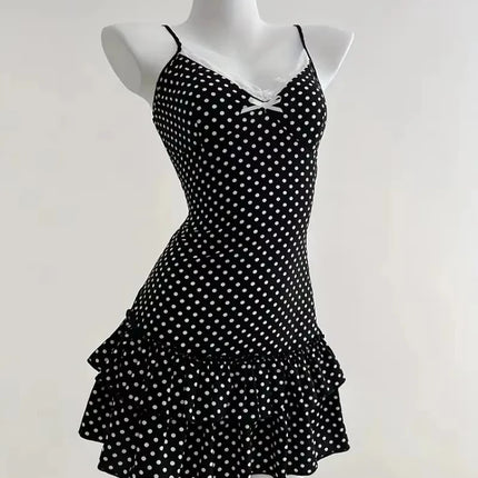 Y2K Summer Women Fashion Black V-neck Lace Trim Sweet Polka Dot Dress 2000s Elegant Spaghetti Strap Bodycon Mini Dresses Clothes