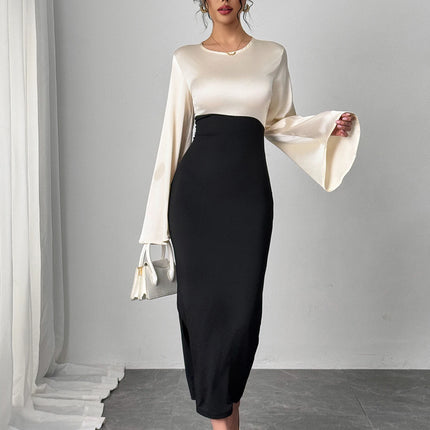 Women Maxi Dress Bell Sleeve Color Block Satin Bodycon Casual Dresses Elegant Spring Sexy Evening Wedding Guest Party Date Dress