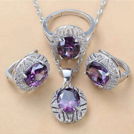 SGIAWETA-4pcs  Sterling Silver/18K Gold Plated Fashion Wedding Jewelry Set, Colorful Cubic Zirconia Earrings, Pendant, Ring, Bridal Accessories, Christmas, Thanksgiving, Birthday Gift For Women-birthdaygift